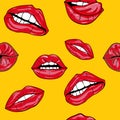 Open Pop Art wet red lips with teeth pop art set on yellow background Royalty Free Stock Photo